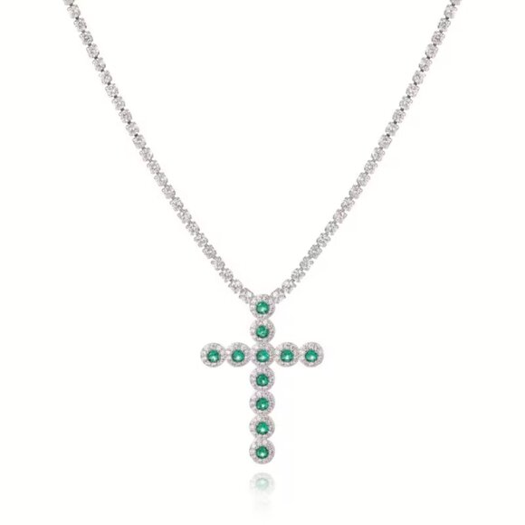 18K White Gold Womens 2ct Diamond 1ct Green Emerald Cross Necklace 18" Jewelry - Picture 7 of 7